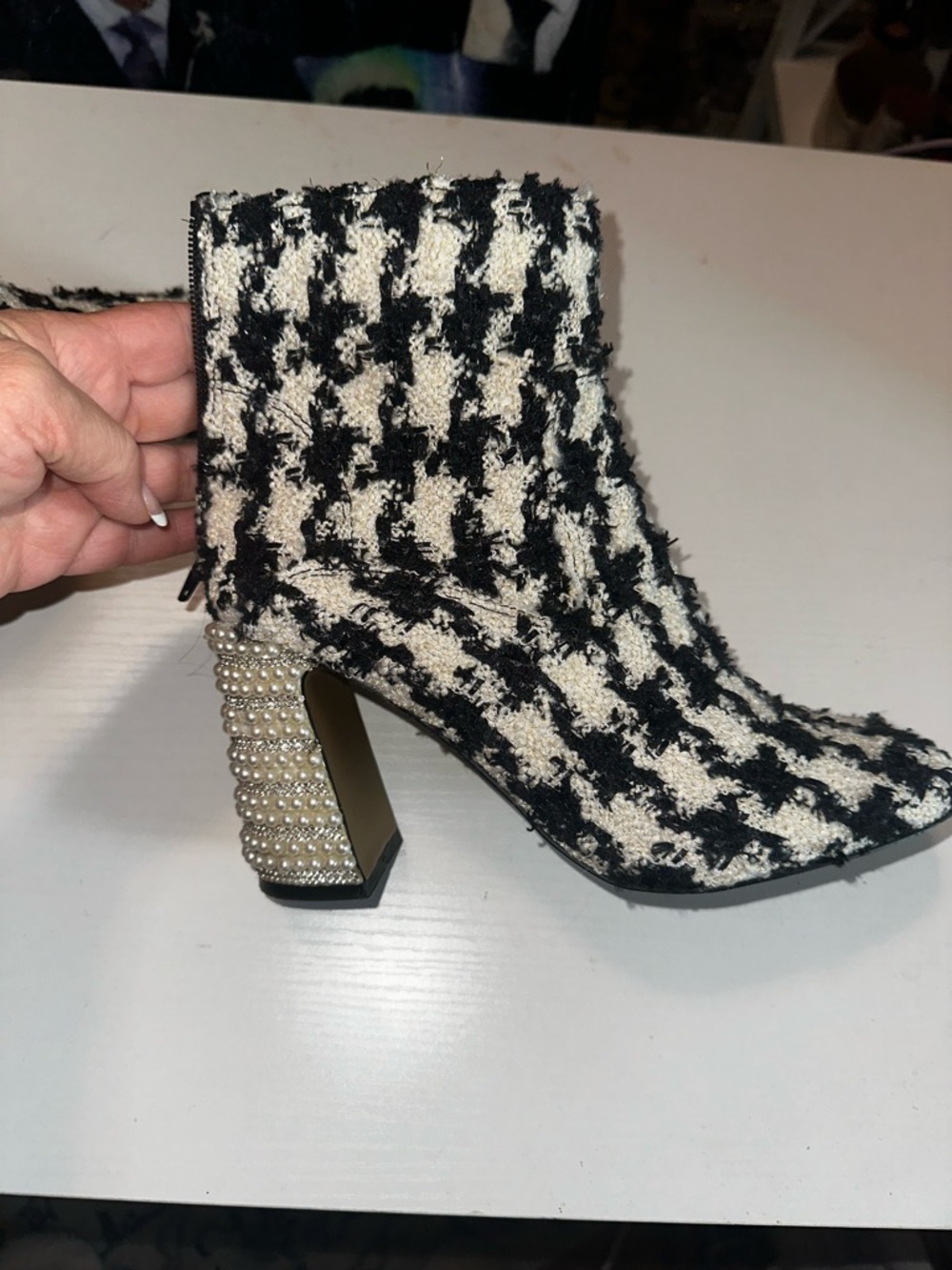 Betsey Johnson Black & Cream Houndstooth Pearl-Embellished Block Heel Ankle Boot